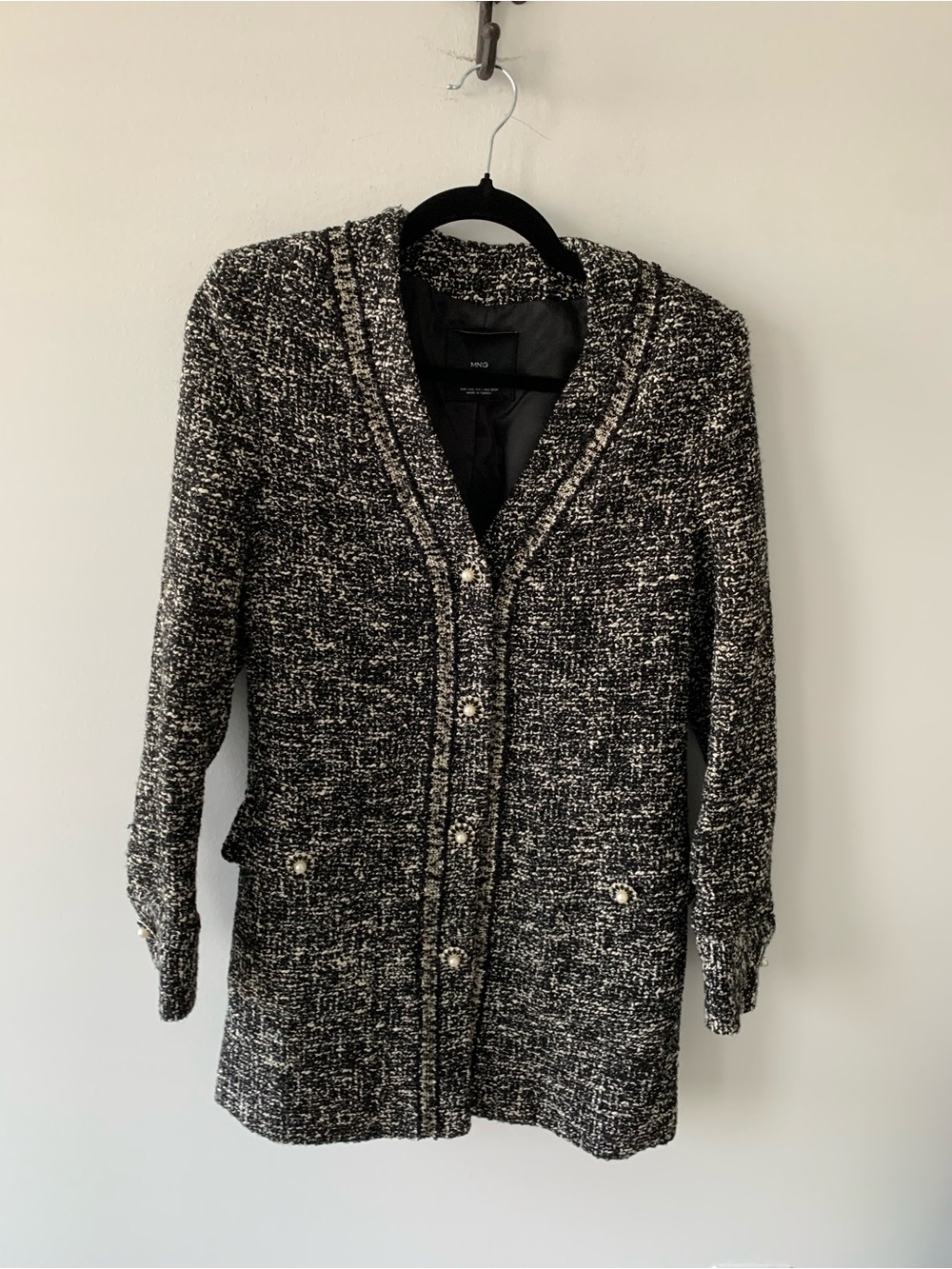Mango Black & White Tweed Cardigan/ blazer  with Pearl Buttons NWOT